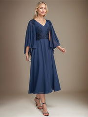 A-line V-Neck Tea-Length Chiffon Lace Mother of the Bride Dress With Sequins Beading
