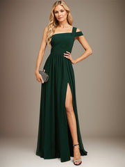 A-line Cold Shoulder One Shoulder Floor-Length Chiffon Evening Dress With Pleated