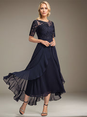 A-line Scoop Illusion Asymmetrical Lace Chiffon Mother of the Bride Dress