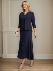 Separates A-line Scoop Tea-Length Chiffon Mother of the Bride Dress With Sequins Beading