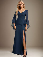 Sheath/Column V-Neck Floor-Length Chiffon Evening Dress With Pleated