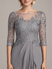 A-line Scoop Illusion Floor-Length Chiffon Lace Mother of the Bride Dress With Beading Sequins Cascading Ruffles