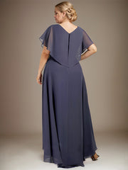 A-line V-Neck Asymmetrical Chiffon Mother of the Bride Dress With Sequins Beading Cascading Ruffles