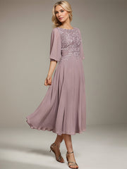 A-line Scoop Tea-Length Lace Chiffon Mother of the Bride Dress