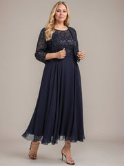 A-line Boat Neck Illusion Tea-Length Lace Chiffon Mother of the Bride Dress With Sequins