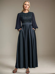 A-line Scoop Ankle-Length Lace Satin Chiffon Mother of the Bride Dress With Sequins