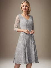 A-line V-Neck Knee-Length Chiffon Lace Mother of the Bride Dress With Beading Sequins