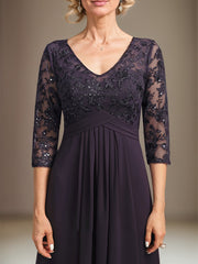Empire V-Neck Floor-Length Lace Chiffon Mother of the Bride Dress With Cascading Ruffles Sequins