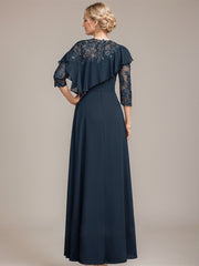 A-line Scoop Illusion Floor-Length Chiffon Lace Mother of the Bride Dress With Ruffle Sequins Beading
