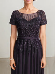 A-line Illusion Scoop Floor-Length Lace Chiffon Mother of the Bride Dress With Sequins