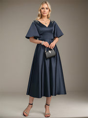 A-line V-Neck Tea-Length Satin Mother of the Bride Dress With Beading