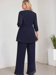 Separates Pantsuit Scoop Floor-Length Lace Chiffon Mother of the Bride Dress With Sequins