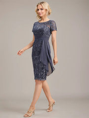 Sheath/Column Scoop Illusion Knee-Length Lace Chiffon Mother of the Bride Dress With Cascading Ruffles Sequins