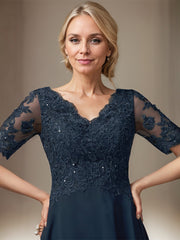 A-line V-Neck Asymmetrical Lace Chiffon Mother of the Bride Dress With Sequins