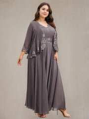 A-line V-Neck Ankle-Length Chiffon Mother of the Bride Dress With Sequins Appliques Lace Beading