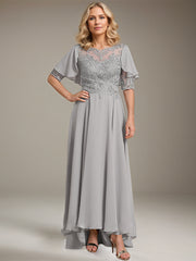 A-line Scoop Illusion Asymmetrical Chiffon Lace Mother of the Bride Dress With Beading