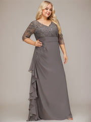 A-line V-Neck Floor-Length Lace Chiffon Mother of the Bride Dress With Cascading Ruffles