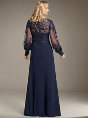 Sheath/Column Scoop Illusion Floor-Length Lace Chiffon Mother of the Bride Dress With Pleated Sequins