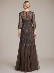 Trumpet/Mermaid Illusion V-Neck Floor-Length Tulle Sequin Lace Mother of the Bride Dress