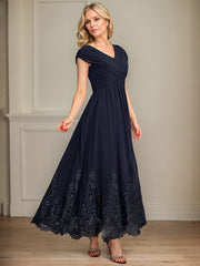A-line V-Neck Ankle-Length Chiffon Mother of the Bride Dress With Bow Sequins Appliques Lace