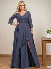 A-line V-Neck Floor-Length Chiffon Mother of the Bride Dress With Cascading Ruffles