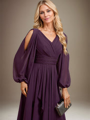 A-line Cold Shoulder V-Neck Floor-Length Chiffon Mother of the Bride Dress With Cascading Ruffles Beading