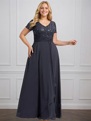 A-line V-Neck Floor-Length Chiffon Lace Mother of the Bride Dress With Beading Sequins Cascading Ruffles