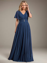 A-line V-Neck Floor-Length Chiffon Mother of the Bride Dress With Crystal Brooch Pleated