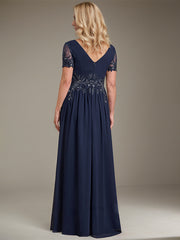 A-line V-Neck Floor-Length Chiffon Mother of the Bride Dress With Appliques Lace