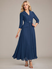 A-line Collared V-Neck Ankle-Length Chiffon Mother of the Bride Dress With Beading Pleated