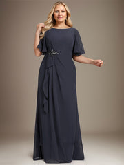 A-line Scoop Floor-Length Chiffon Mother of the Bride Dress With Cascading Ruffles Beading Sequins