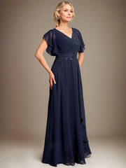 A-line V-Neck Floor-Length Lace Chiffon Mother of the Bride Dress With Cascading Ruffles Sequins