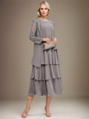 A-line Scoop Tea-Length Chiffon Mother of the Bride Dress With Cascading Ruffles