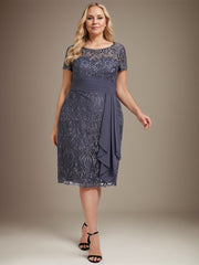 Sheath/Column Scoop Illusion Knee-Length Lace Chiffon Mother of the Bride Dress With Cascading Ruffles Sequins
