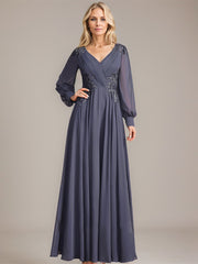 A-line V-Neck Floor-Length Chiffon Mother of the Bride Dress With Sequins Appliques Lace Pleated