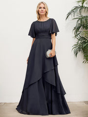 A-line Scoop Floor-Length Chiffon Mother of the Bride Dress With Pleated Sequins Beading
