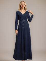 A-line V-Neck Floor-Length Stretch Crepe Evening Dress With Pleated Sequins Appliques Lace