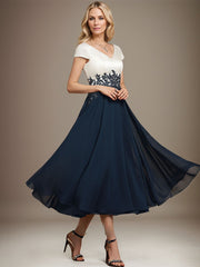 A-line V-Neck Tea-Length Satin Chiffon Mother of the Bride Dress With Appliques Lace