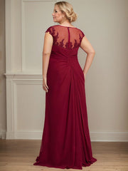 Sheath/Column Scoop Illusion Floor-Length Chiffon Lace Mother of the Bride Dress With Pleated Sequins Beading