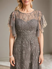 A-line Illusion Scoop Floor-Length Lace Mother of the Bride Dress With Sequins