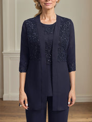 Jumpsuit/Pantsuit Separates Scoop Floor-Length Chiffon Lace Mother of the Bride Dress With Sequins