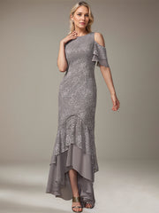 Trumpet/Mermaid Cold Shoulder Scoop Asymmetrical Lace Chiffon Mother of the Bride Dress With Ruffle