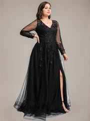 A-line V-Neck Floor-Length Tulle Prom Dresses With Sequins Appliques Lace Beading