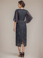 Sheath/Column Scoop Tea-Length Lace Chiffon Mother of the Bride Dress