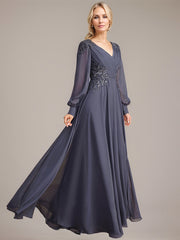 A-line V-Neck Floor-Length Chiffon Mother of the Bride Dress With Sequins Appliques Lace Pleated