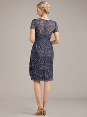 Sheath/Column Scoop Illusion Knee-Length Lace Chiffon Mother of the Bride Dress With Cascading Ruffles Sequins