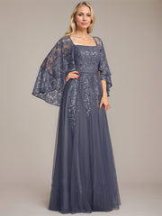 A-line Square Floor-Length Tulle Lace Sequin Mother of the Bride Dress