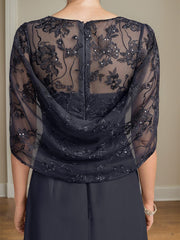 A-line Scoop Illusion Floor-Length Lace Chiffon Mother of the Bride Dress With Cascading Ruffles Sequins