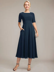 A-line Scoop Tea-Length Chiffon Mother of the Bride Dress With Appliques Lace Sequins