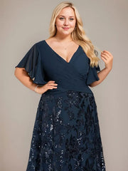 A-line V-Neck Floor-Length Lace Sequin Chiffon Mother of the Bride Dress With Pleated